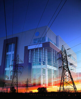 Office Building with Electric Pylons Photo Montage