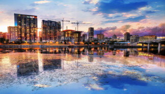 2020 Montreal City at Sunset with Water Reflection - Stock Photo