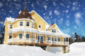 Cozy Modern Yellow House with Light Snow Fall