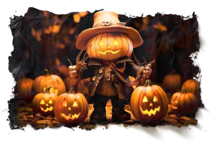 Friendly Halloween Scarecrow and Illuminated Pumpkins
