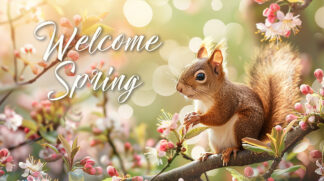 Welcome Spring Banner - Adorable Squirrel in Nature