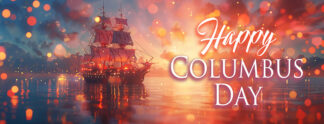Happy Columbus Day Banner - Sailing Ship at Dawn