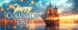 Happy Columbus Day Banner - Sailing Ship at Sunrise