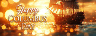 Happy Columbus Day Banner - Sailing Ship at Sunset
